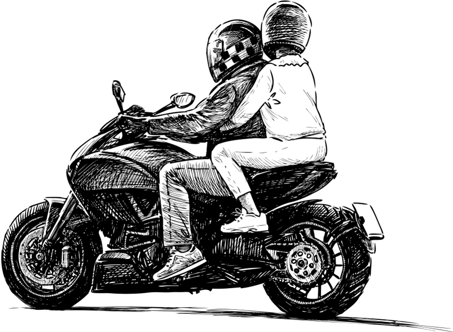 Sketch of two people riding a motorcycle