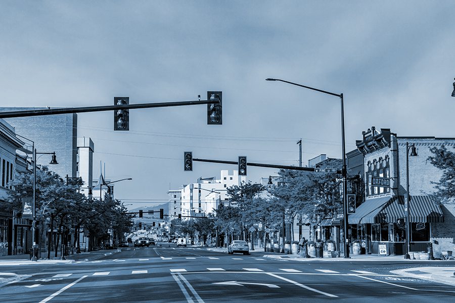 Traffic light at a small town intersection