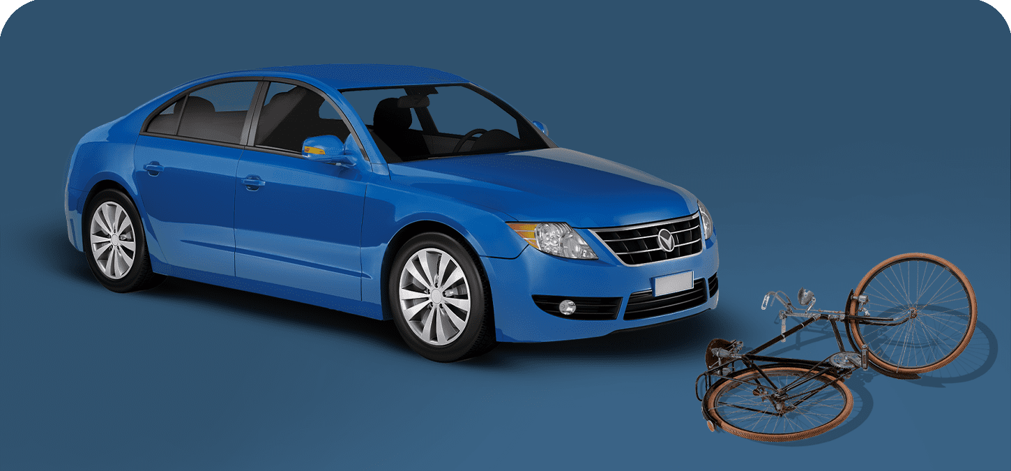 Car hit bicycle on a blue background