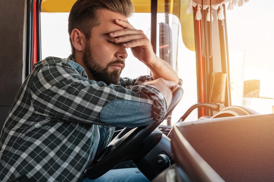 tired trucker tries not to fall asleep at the wheel