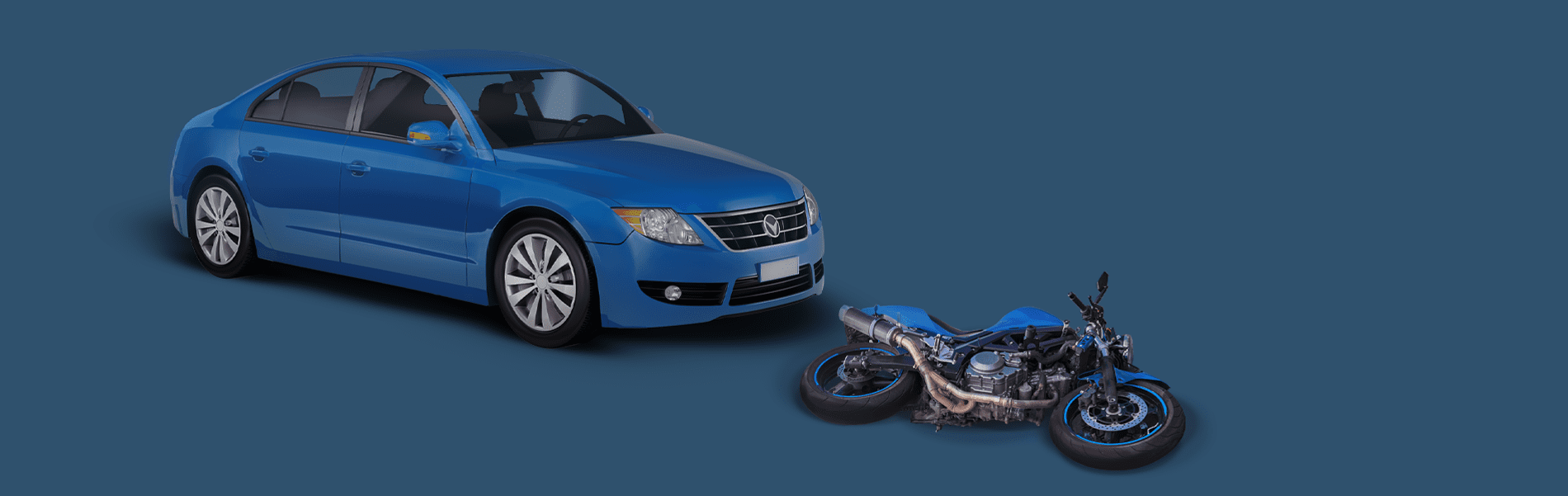 Downed motorcycle in front of a car on a blue background