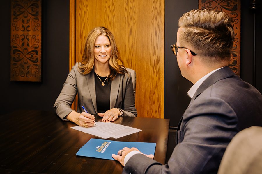 Meet room discussion between two attorneys