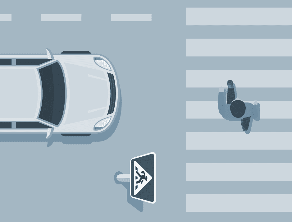 Graphic of car pulling up to a crosswalk with a pedestrian 