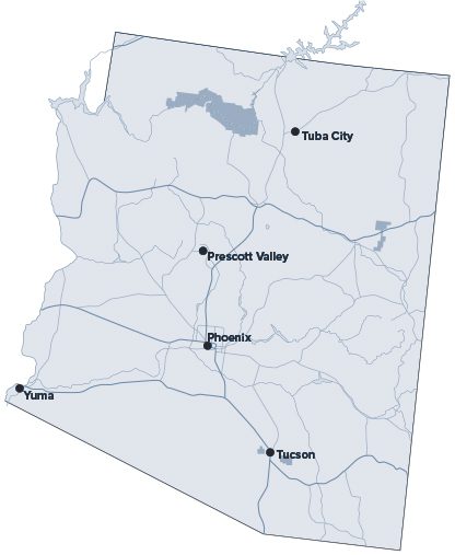 Map of Arizona with larger cities