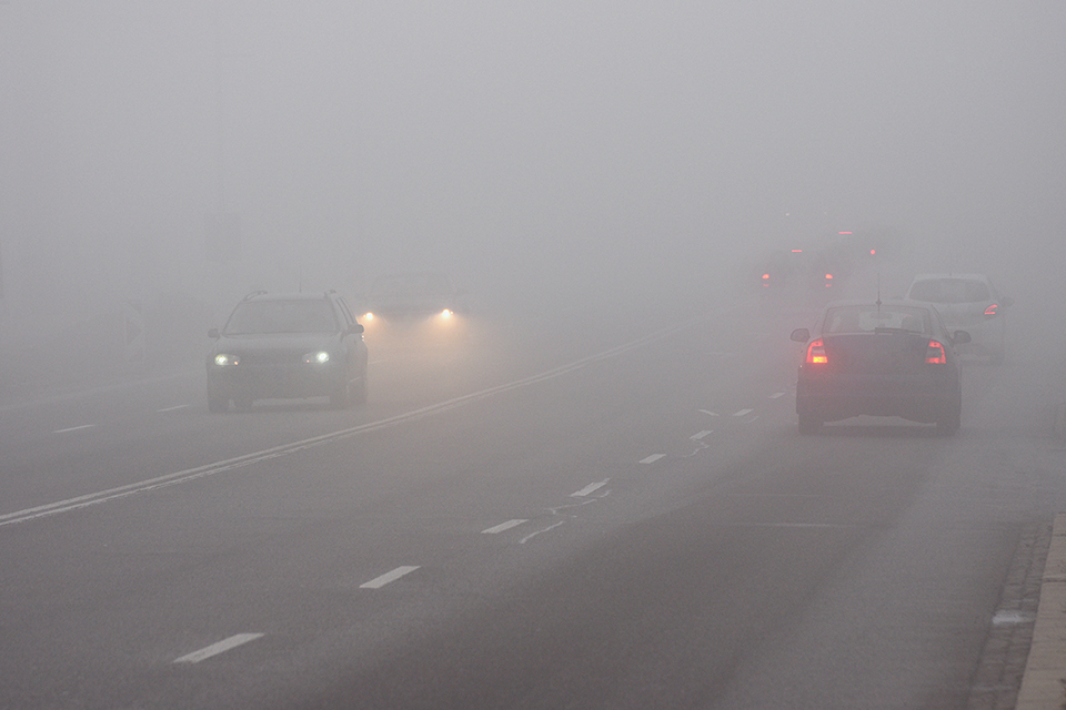 Cars drive in very think fog,