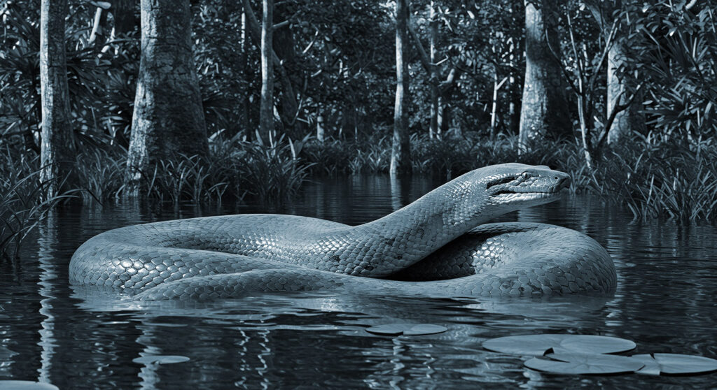 Anaconda snake swims and coils in the river