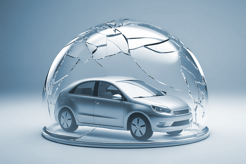 Graphic of a car in a breaking glass dome.