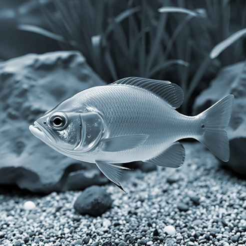 A piranha swims near the bed of the river